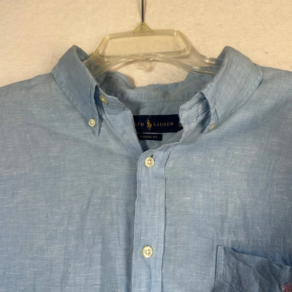 Polo Ralph Lauren Mens XXL Blue 100% Linen Short Sleeve Classic Fit Button Down